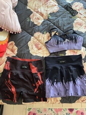 Kill Crew Purple & Black Sports Bra with Black & Red Paint-Splash Shorts Set